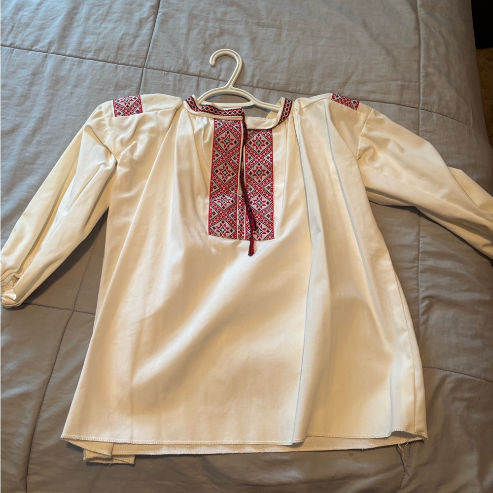 Embroidered White Blouse with Red Accents